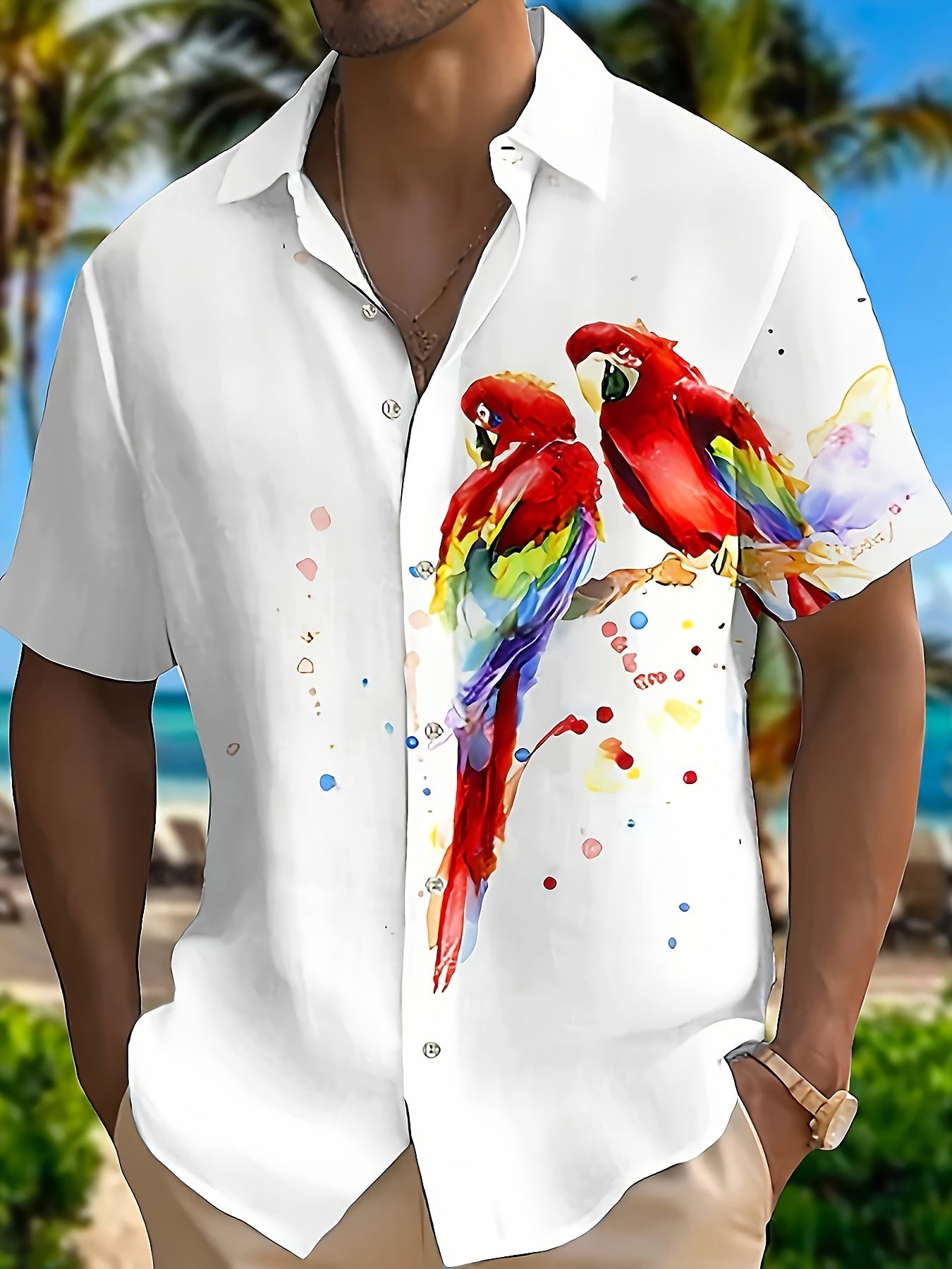 White Parrot Seaside Refreshing Short-Sleeved Summer Swimming Lapel Mix Fashion Sunny Gentleman Wind Europe And The United States Men'S Fashion, Leisure, Personality Lapel Collision Color Horizontal Mix