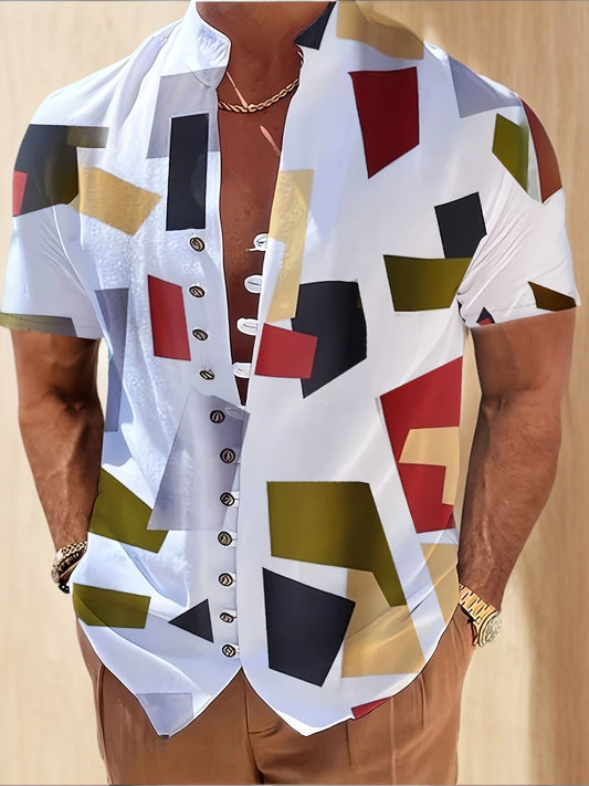 White Background Art Splicing Color Block Fashion Trendy Casual Men'S Short Shirt, Simple Design Style Personality Men'S Daily Short Shirt, New Summer Comfortable Button Short Shirt- Loose Jacket