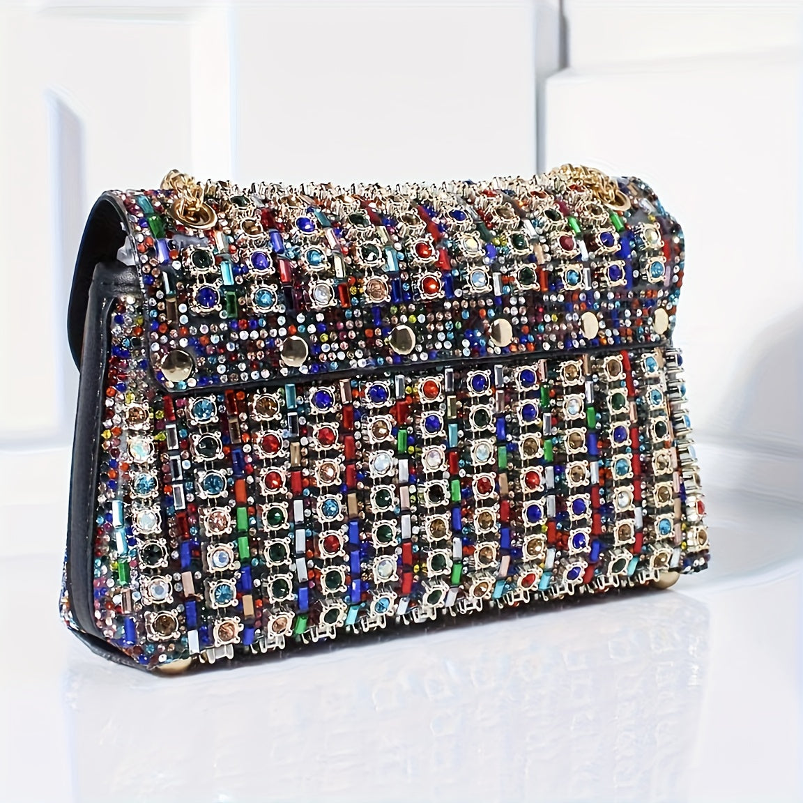 Luxurious Rhinestone and Beaded Women’s Evening Clutch Elegant Multicolor PU Handbag with Adjustable Strap and Golden Tone Hardware for Banquets Weddings and Formal Events