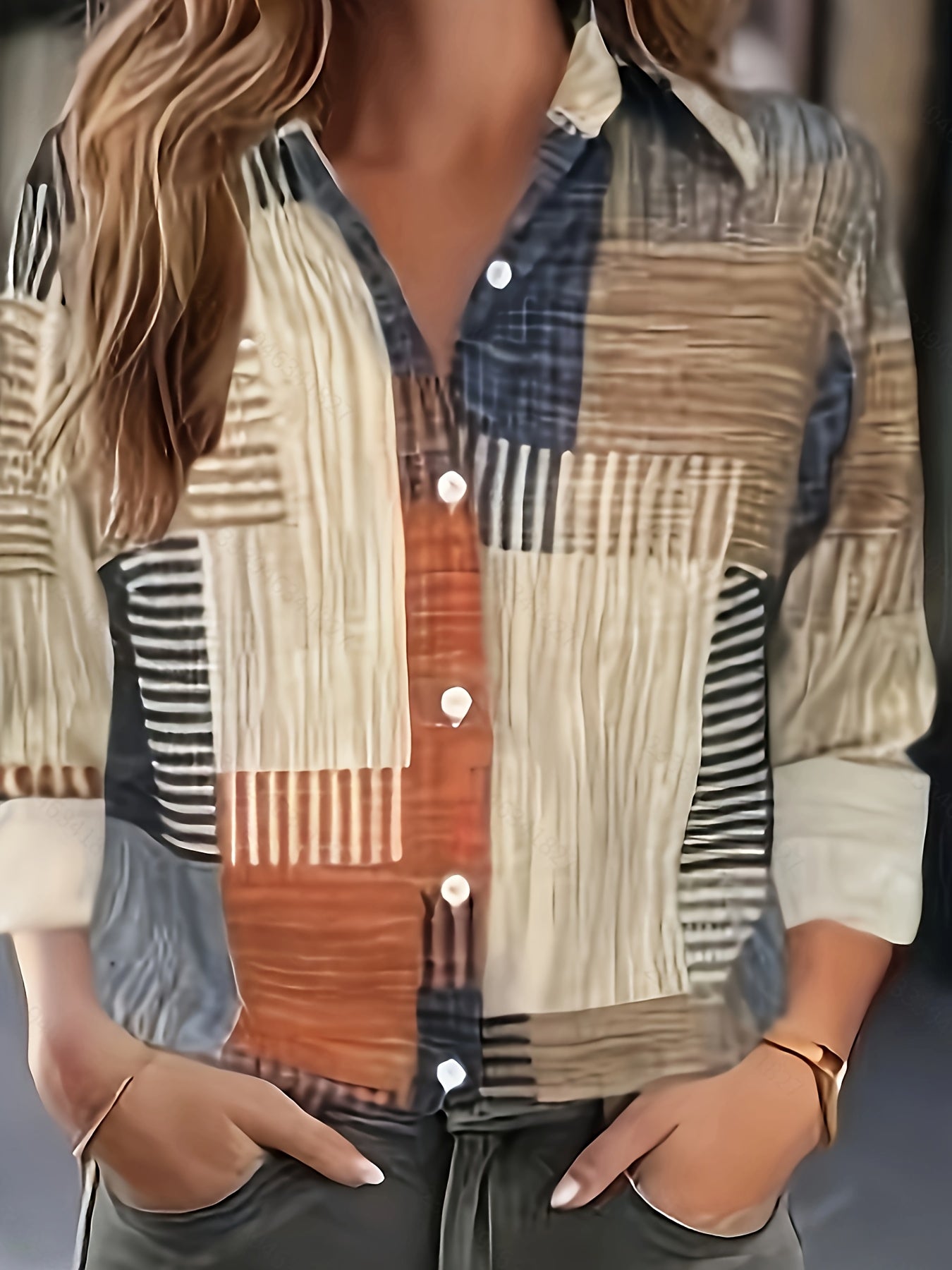 [Retro Shirt] Retro Geometric Print Long Sleeve Shirt | Women's Casual Button-Up Collared Top with Multi-Color Patchwork Design, Machine Washable Non-Stretch Fabric for Spring Summer Fall, Seasonal Fashion, Easy Care Clothing