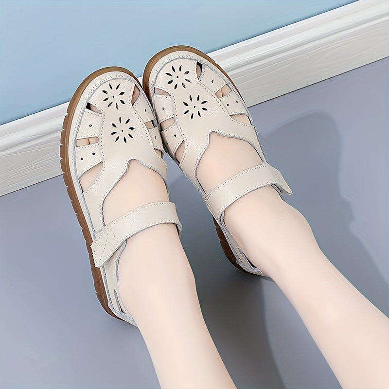 Women's Genuine Leather Mary Jane Flat Sandals - Adjustable Straps, Breathable Summer Casual Shoes with Rubber Sole, Round Toe & Solid Color Design, Everyday Comfort Footwear, Classic Bucket Style, Durable Traction Footwear