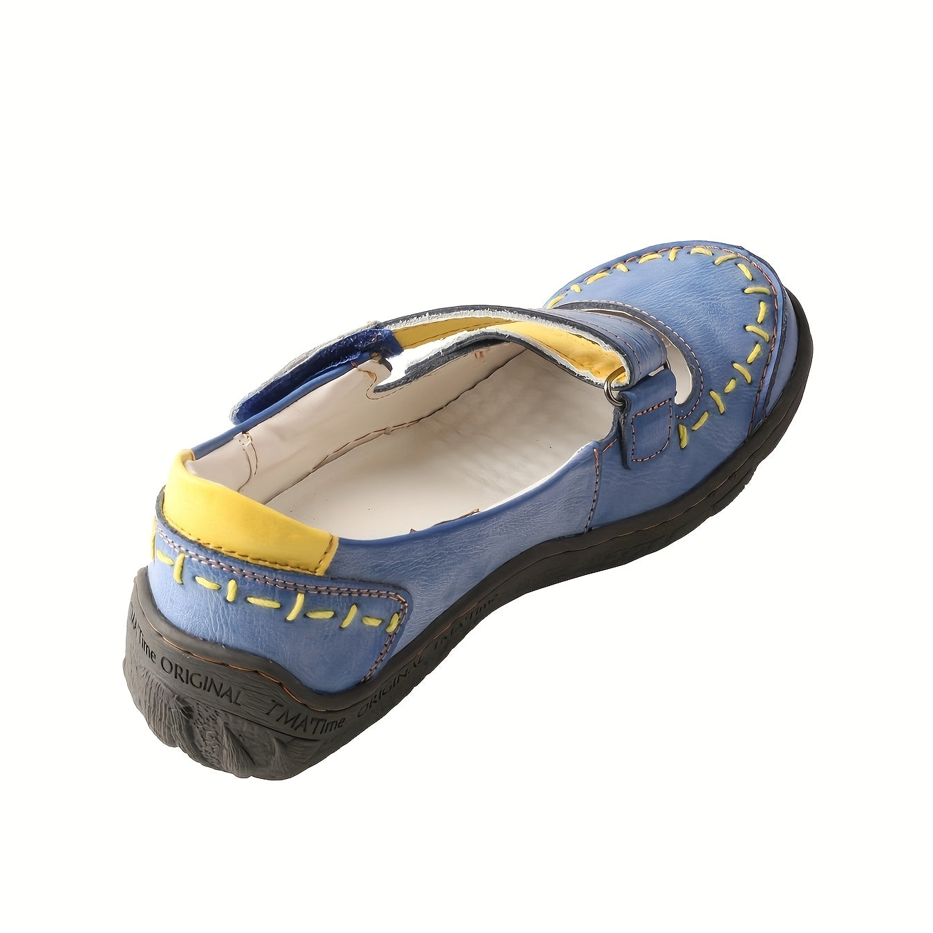 [Soft Leather Sandals] TMA EYES Soft Leather Women's Casual Slip-On Flat Sandals | Blue & Yellow Cross Design, Comfortable Low-Top, Padded Insole, Flat Heel, Summer Footwear