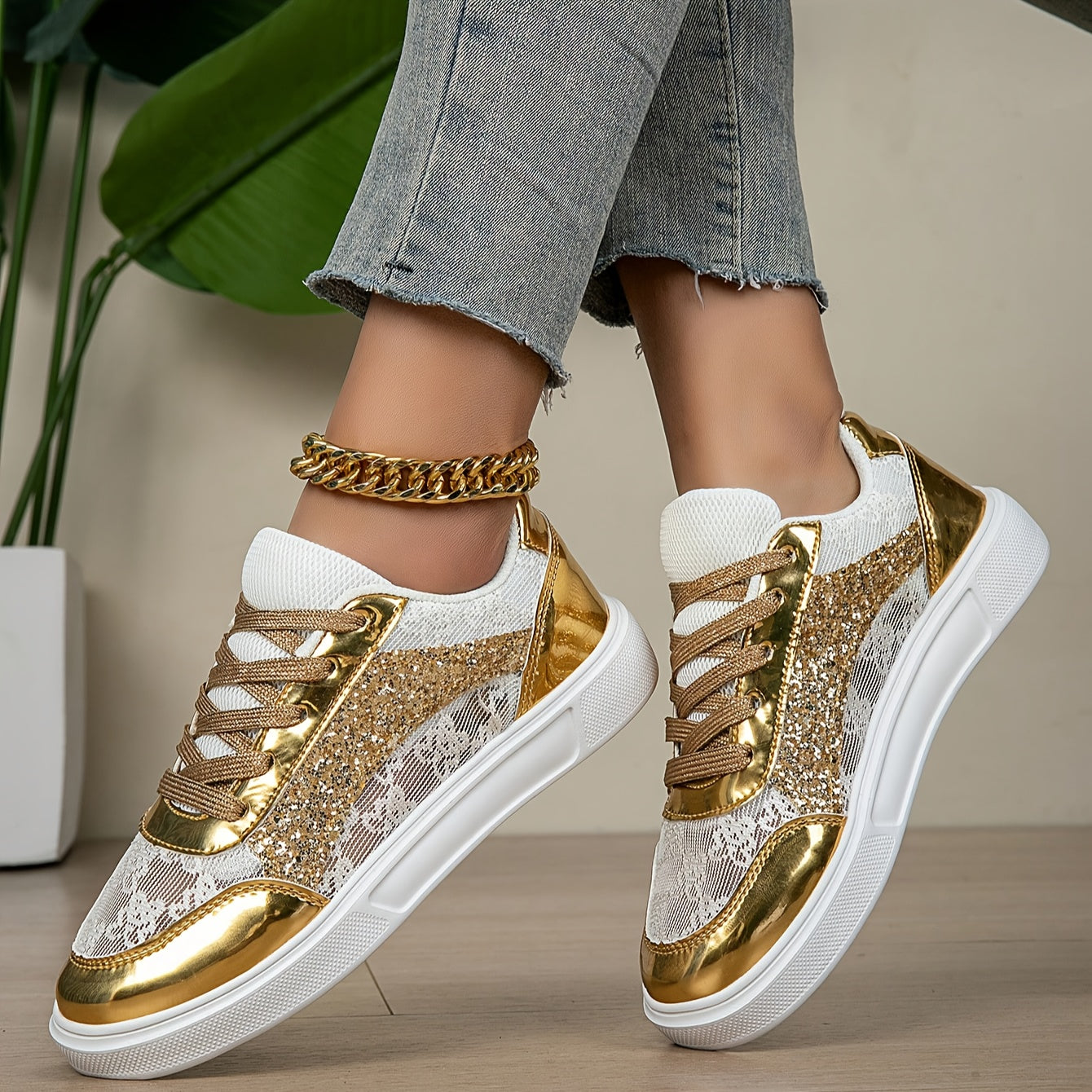 [Rhinestone Sneakers] Golden-Tone Rhinestone Women's Low-Top Sneakers | Breathable Fabric Lining, EVA Sole, Adjustable Ankle Strap | Plus Size Available, Metallic Eyelets Design, Stylish Sportswear for Summer Outdoor Training