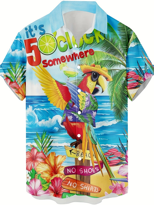 Men's Vibrant Tropical Parrot 3D Print Hawaiian Shirt - Short Sleeve Button-Up with Palm Tree & Ocean Design, Breathable Summer Beachwear for Teens & Young Adults, Casual Streetwear, Street Style Apparel, Playful Graphic Tee