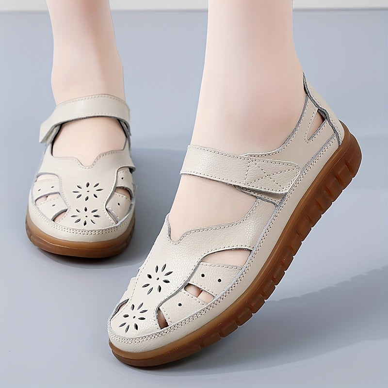 Women's Genuine Leather Mary Jane Flat Sandals - Adjustable Straps, Breathable Summer Casual Shoes with Rubber Sole, Round Toe & Solid Color Design, Everyday Comfort Footwear, Classic Bucket Style, Durable Traction Footwear