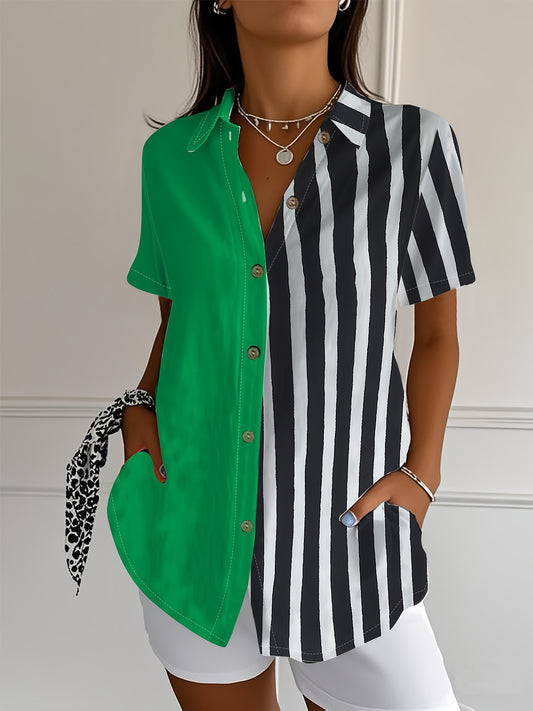Women's Retro Casual Short Sleeve Shirt - Contrast Color Abstract Geometric Art Print, Wood Grain Buttons, Loose Fit Long Length, Breathable Summer Top for Vacation & Casual Attire, Short Sleeve Blouse