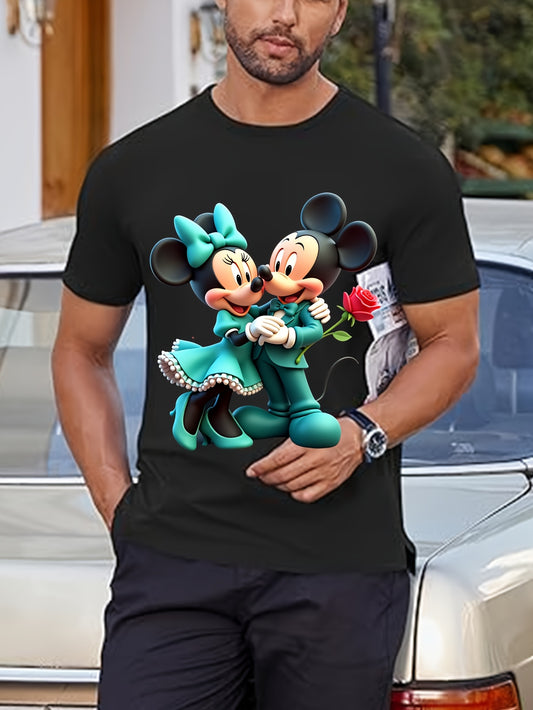 Disney Official Mickey & Minnie Romantic Rose Design 220g Cotton T-Shirt - All-Season Crew Neck Short Sleeve Tee with Umbrella Hem, Regular Fit for Men & Women, Casual & Sportswear, Everyday Tshirt | Playful Design | Comforta